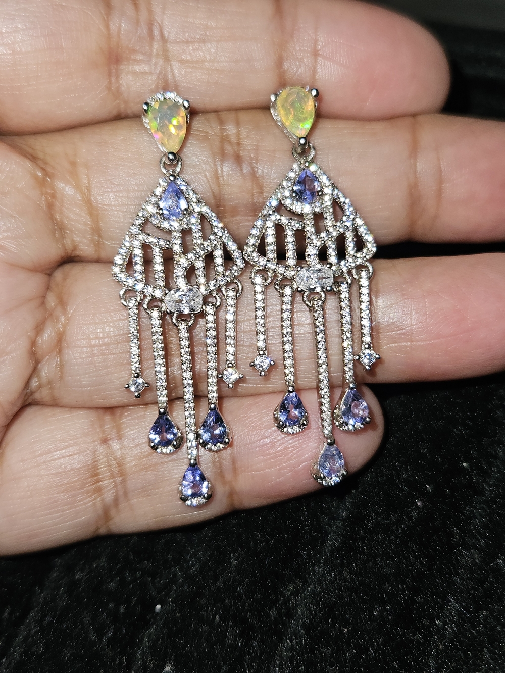 925S Opal, Tanzanite And Quartz Teardrop Chandelier Earrings - Women Jewelry